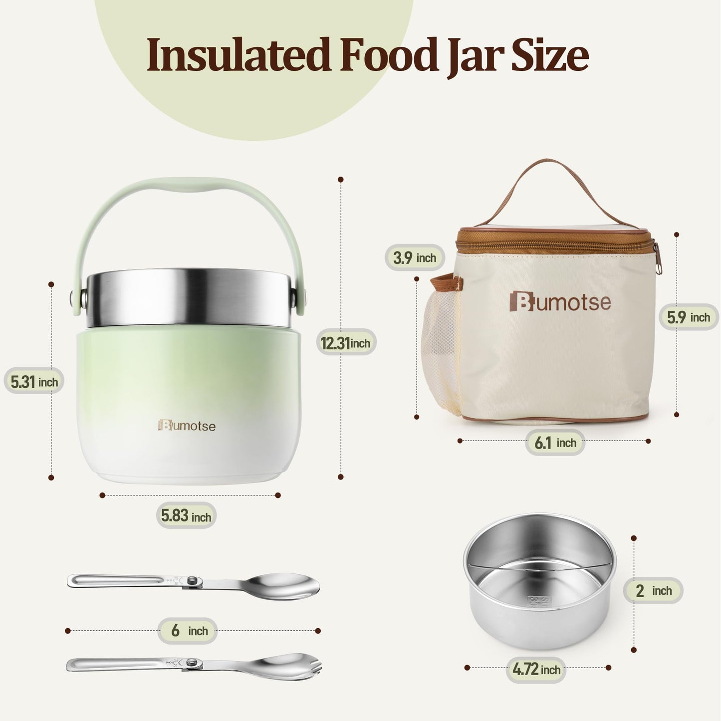 Bumotse 40oz Insulated Food Jar with 2 Compartments, Leak-Proof Thermo for Hot Food Wide Mouth Stainless Steel Includes Spoon and Fork Soup Thermo Lunch Containers Bento Box for Adults(Green