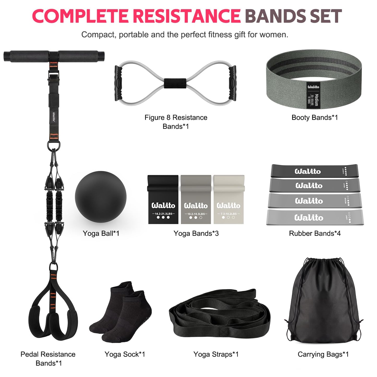 WALITO 15 PCS Pilates Kit, Adjustable Pedal Resistance Band with Handle, Figure 8 Resistance Band for Exercise Women, At Home Workout Equipment Set with Yoga Ball & Booty Bands for Full Body Gym