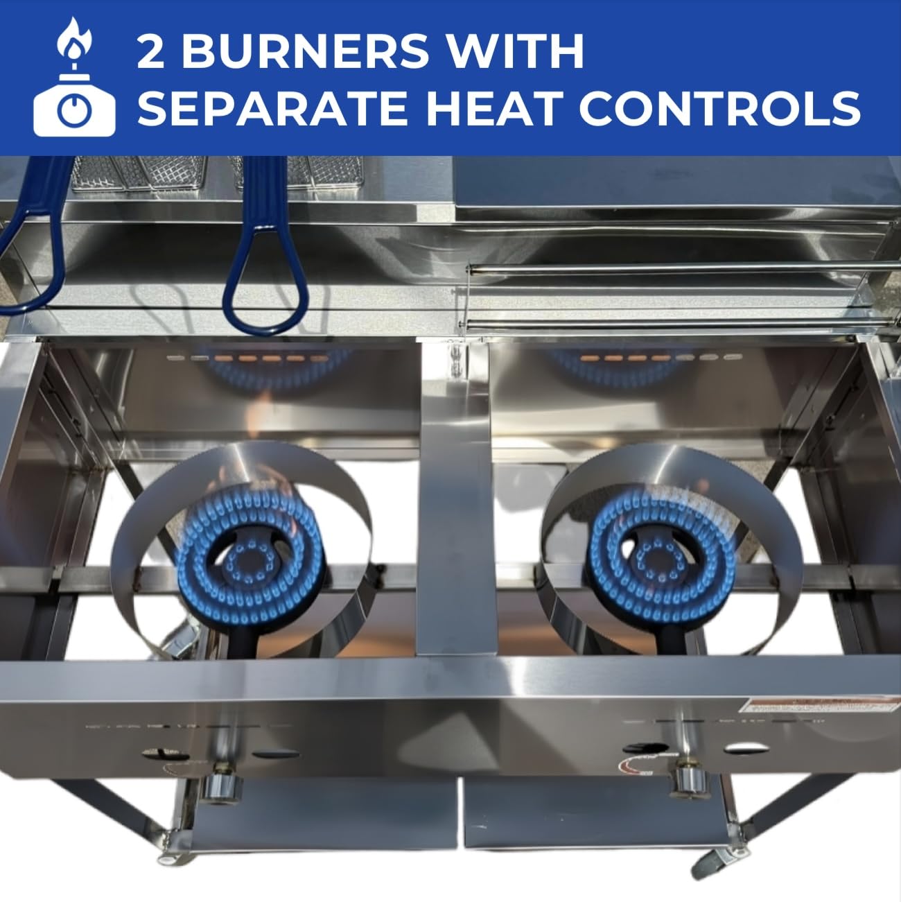 Deep Fryer Cart | 3 Gallon Single Tank | 2 Frying Baskets | 2 Pan Steam Table | Portable 4 Wheel | Stainless Steel | Frying Thermometer | Outdoor Propane Fryer for Chicken, Fish, & More