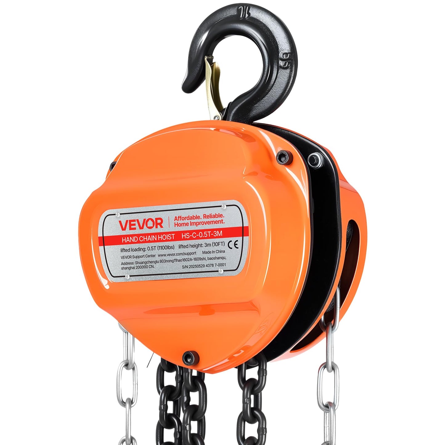 VEVOR Hand Chain Hoist, 1/2 Ton 1100 lbs Capacity, Manual Chain Block with Upgrade G80 Galvanized Chain, 10 ft Lifting Height, Heavy Duty Pulley Hoist for Garage Warehouse Automotive Machinery, Orange