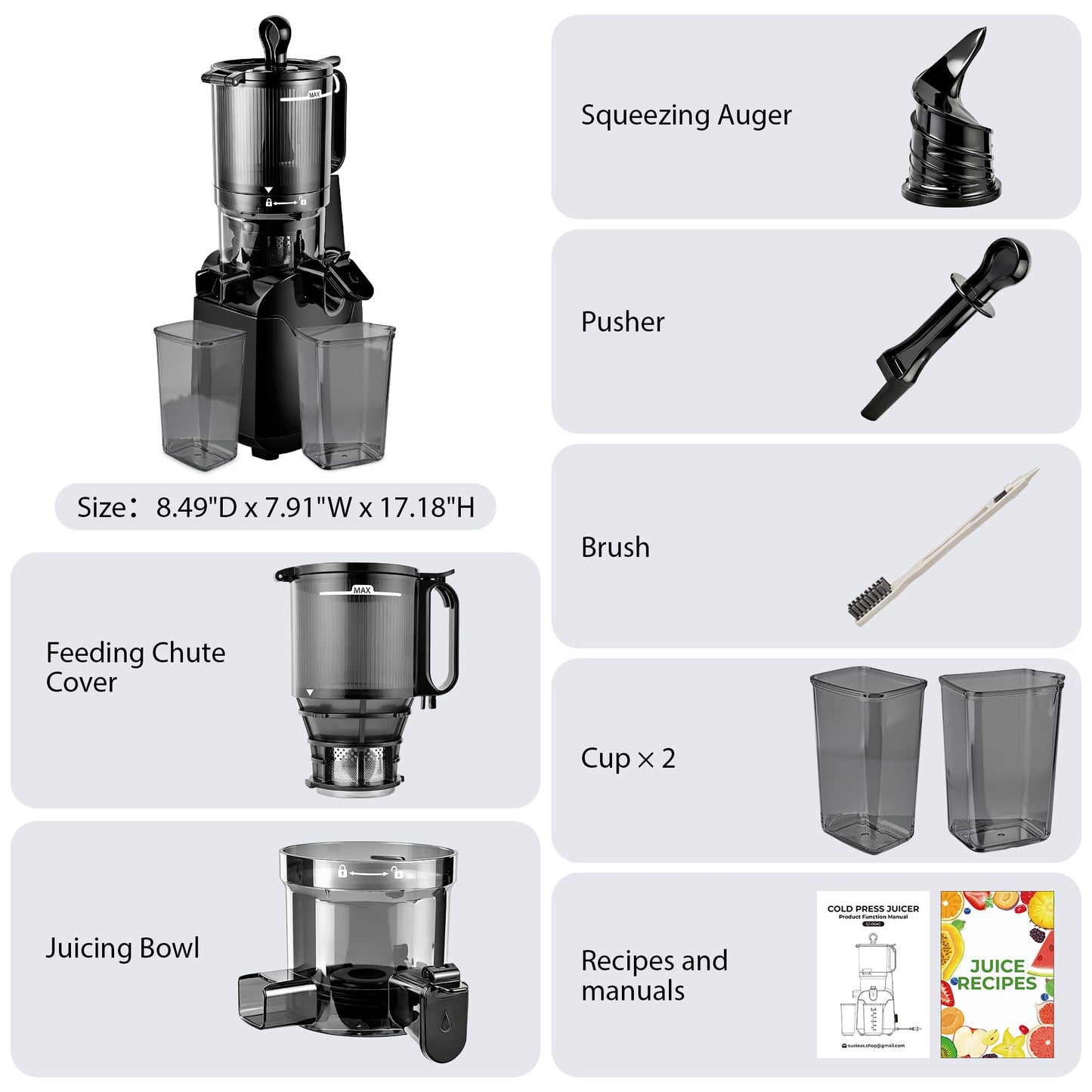 SUSTEAS Juicer Machines with 5.3" Extra Wide Chute,Cold Press Juicer for Whole Fruits & Vegetables, 64oz Capacity Juice Extractor 250W, Easy to Clean, High Juice Yield, Home Juicer, Premium Black