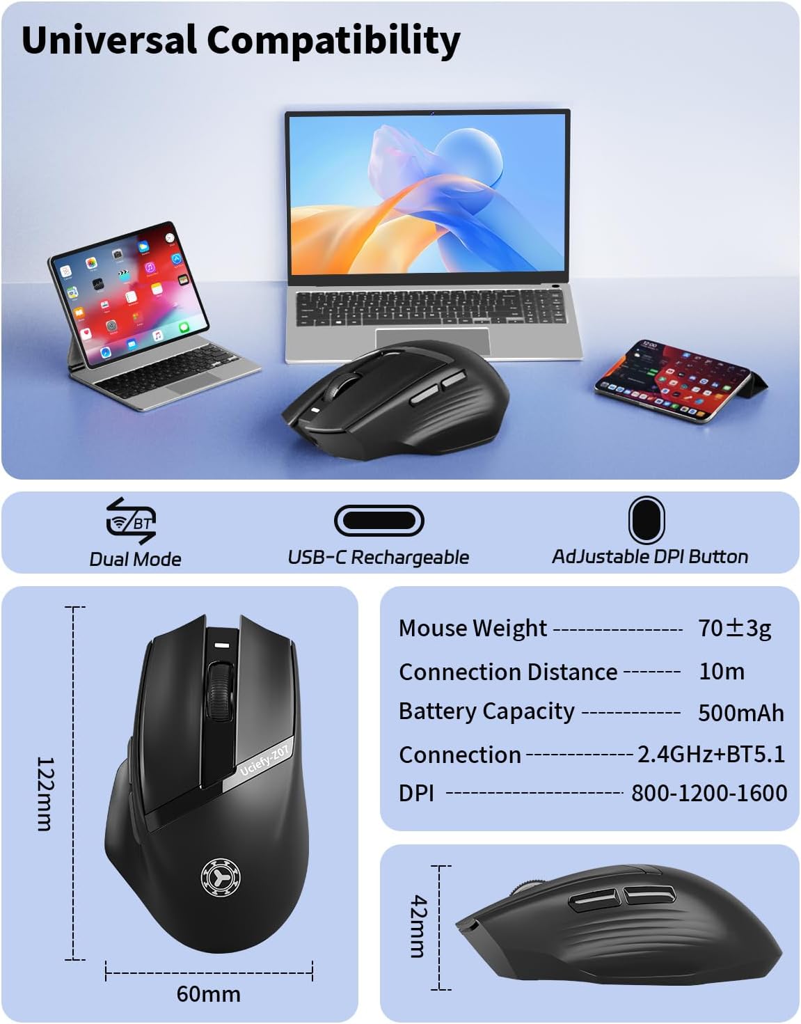 Uciefy Z07 (2.4G+BT5.1) Bluetooth Wireless Mouse, Dual Mode Bluetooth Mouse, USB C Rechargeable Mouse with Charging