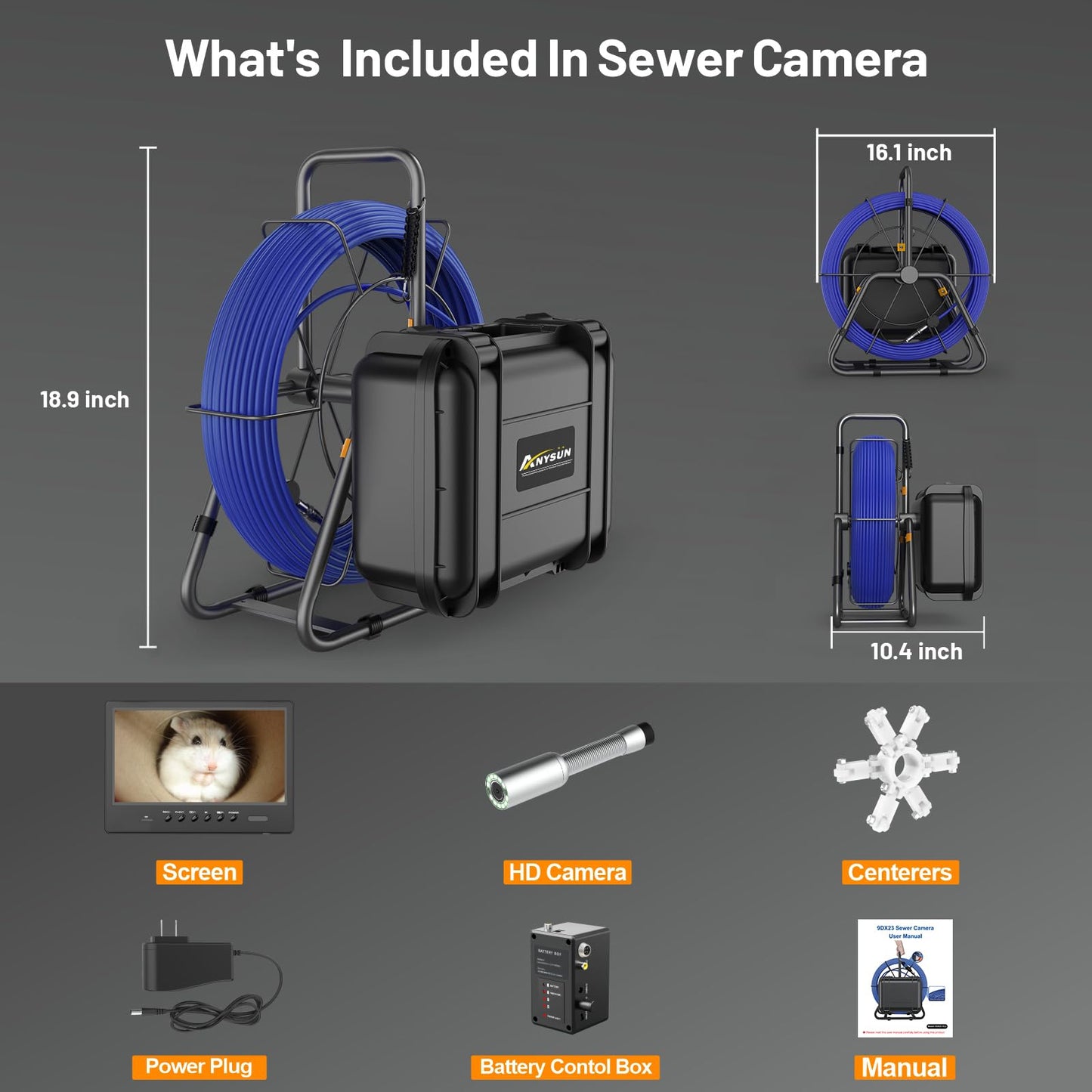 Anysun Sewer Camera with 512Hz Sonde, Self-Leveling 9" HD Screen DVR Recorder, 32GB Card, IP68 Waterproof Plumbing Pipe Borescope Inspection, 7mm Cable with Meter Marks(300FT)