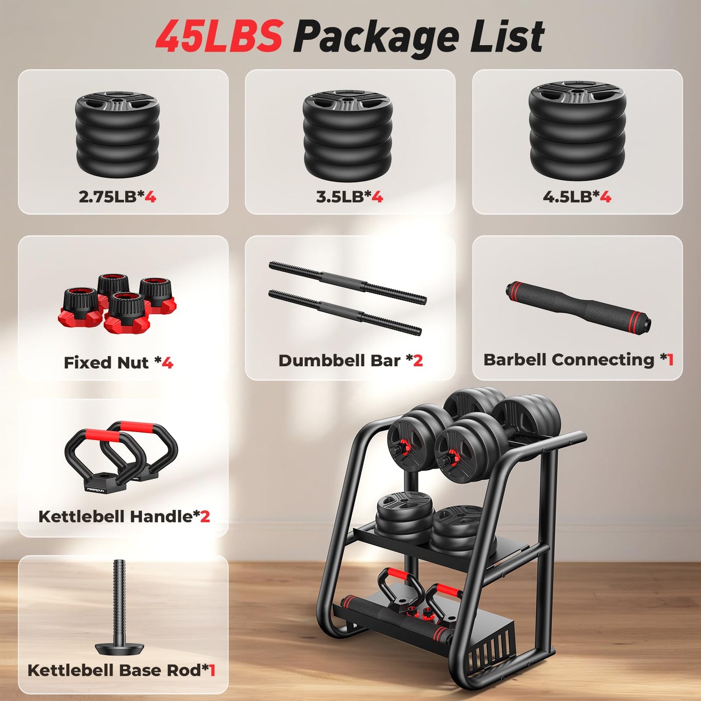 FDS1 Adjustable dumbbell set, 45lbs Free Weights set with upgraded nut, 5 in 1 Weight Set Used as Kettlebells, Barbell, Push up Stand, Fitness Exercise for Home Gym Suitable Men/Women