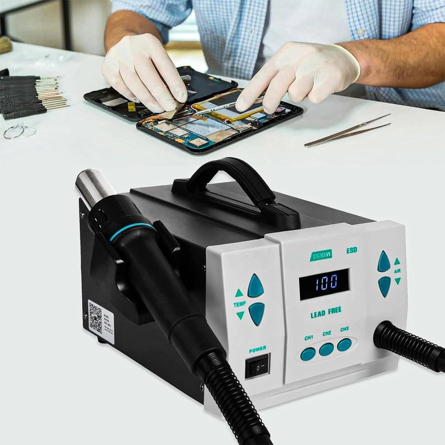 KINGTAIXIN 861DW Hot Air Rework Station, 110v 1000W Digital Display Automatic Sleep Hot Air Gun Soldering Station, With 7 Air Nozzles, Adjustable Temperature Desoldering Gun BGA Rework Station