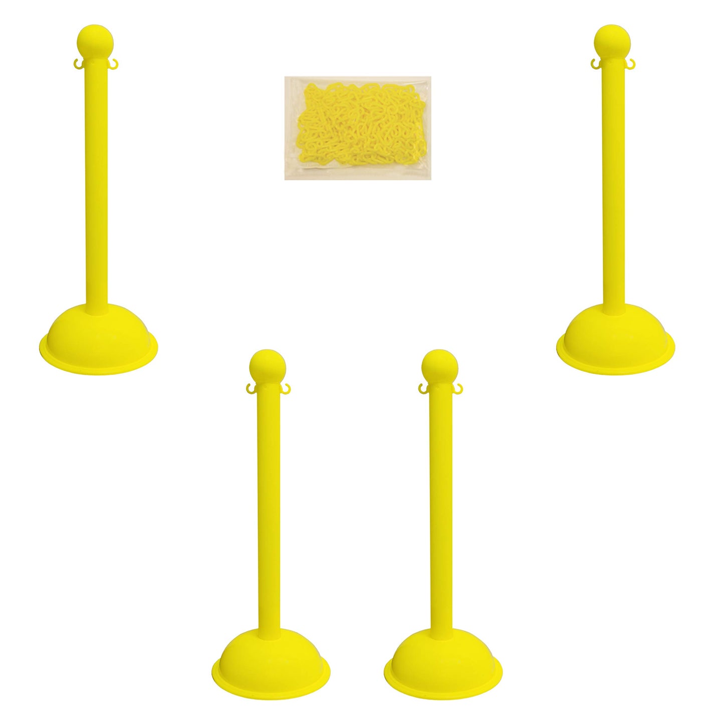 Mr. Chain 71302-4 Yellow Plastic Stanchion Kit with 30' of 2" HD chain and C-Hooks, Pack of 4