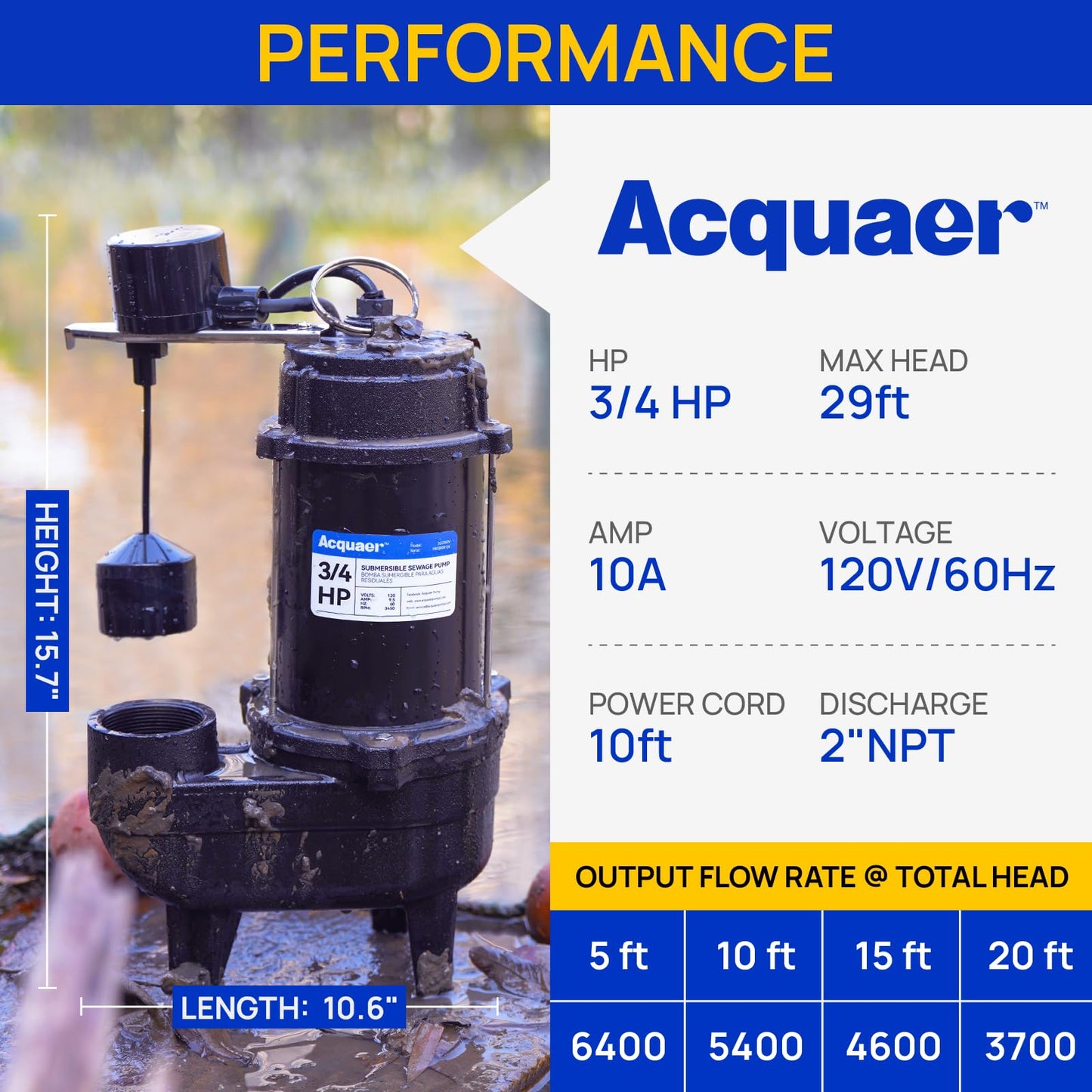 Acquaer 3/4HP Sewage Pump Submersible, 6400 GPH Cast Iron with Automatic Integrated Vertical Float Switch and Piggyback Plug, 2'' NPT Discharge Basements Pump for Wastewater, Sewer