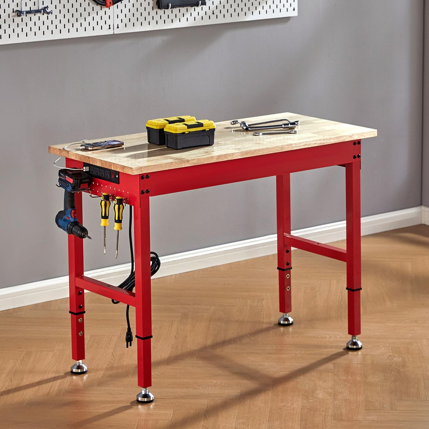 Albott 44x20 Adjustable Workbench with Power Outlets, 2000 LBs Heavy Duty Work Table with Hooks, Solid Rubber Wood Top, for Garage, Woodworking, Workshop, Home Office, Red