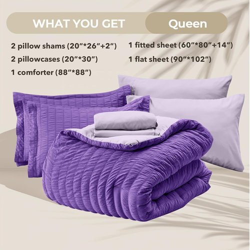 HYMOKEGE Queen Comforter Set - Dark Purple & Lavender Seersucker | 7-Piece All-Season Luxury Bedding Set