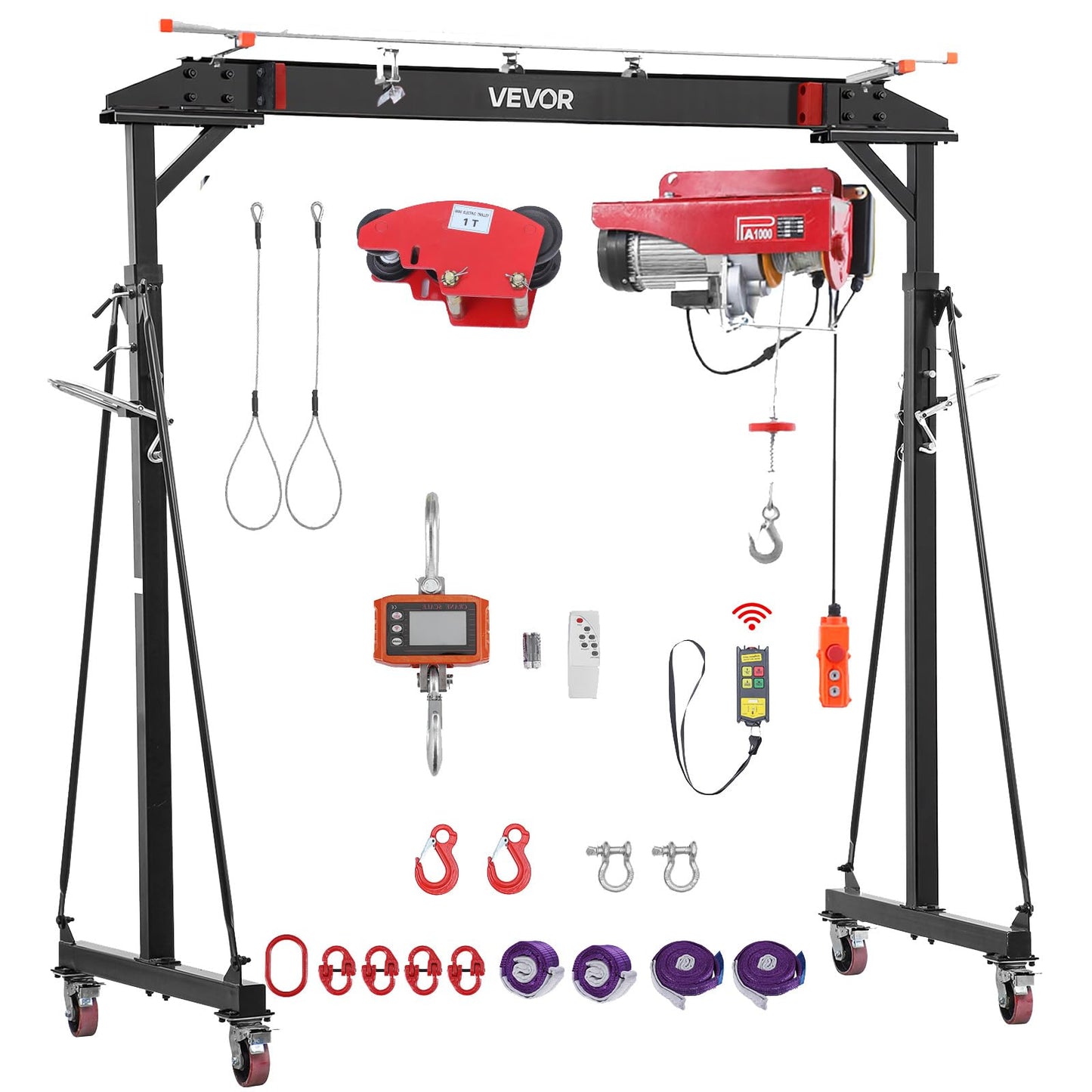 VEVOR Adjustable Gantry Crane, 2200 lbs Capacity, Portable Shop Lift Hoist with 95.7-142.9 in Height Adjustable, Manual Trolley, Electrical Hoist, Sling, Shackles, for Factory Warehouse Auto Repair