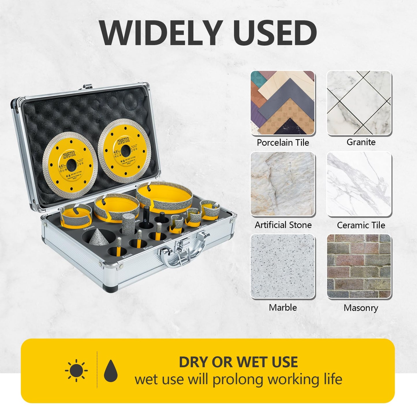 Upgrade 15PCS Diamond Tile Hole Saw Kit: Tile Drill Bits 5/8-11 6/6/8/20/25/35/50/75/100mm, Finger Bit/Chamfer Bit/Cutting Disc/SDS Adapter, Diamond Core Drill Bits Set, Ceramic Tile Porcelain Granite