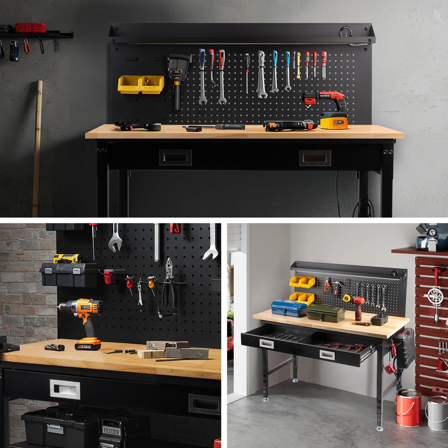 MUWOOD 48" Workbench with Drawers, Work Benches for Garage with Strip Light, Adjustable Work Table with Large Pegboard, 2000 LBS Heavy Duty Table with Power Outlet Rubber Wood for Garage, Office