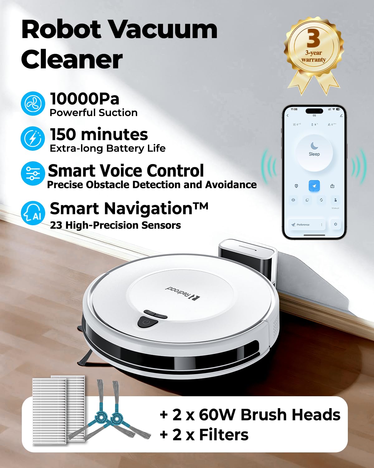 Redroad Robot Vacuums,10KPa Robotic Vacuum Cleaner with Mapping,Lidar Navigation&Obstacle Avoidance,150mins Robot Vacuum with App/Alexa/Remote,Tangle-Free Pet Hair,Self-Charging (White)