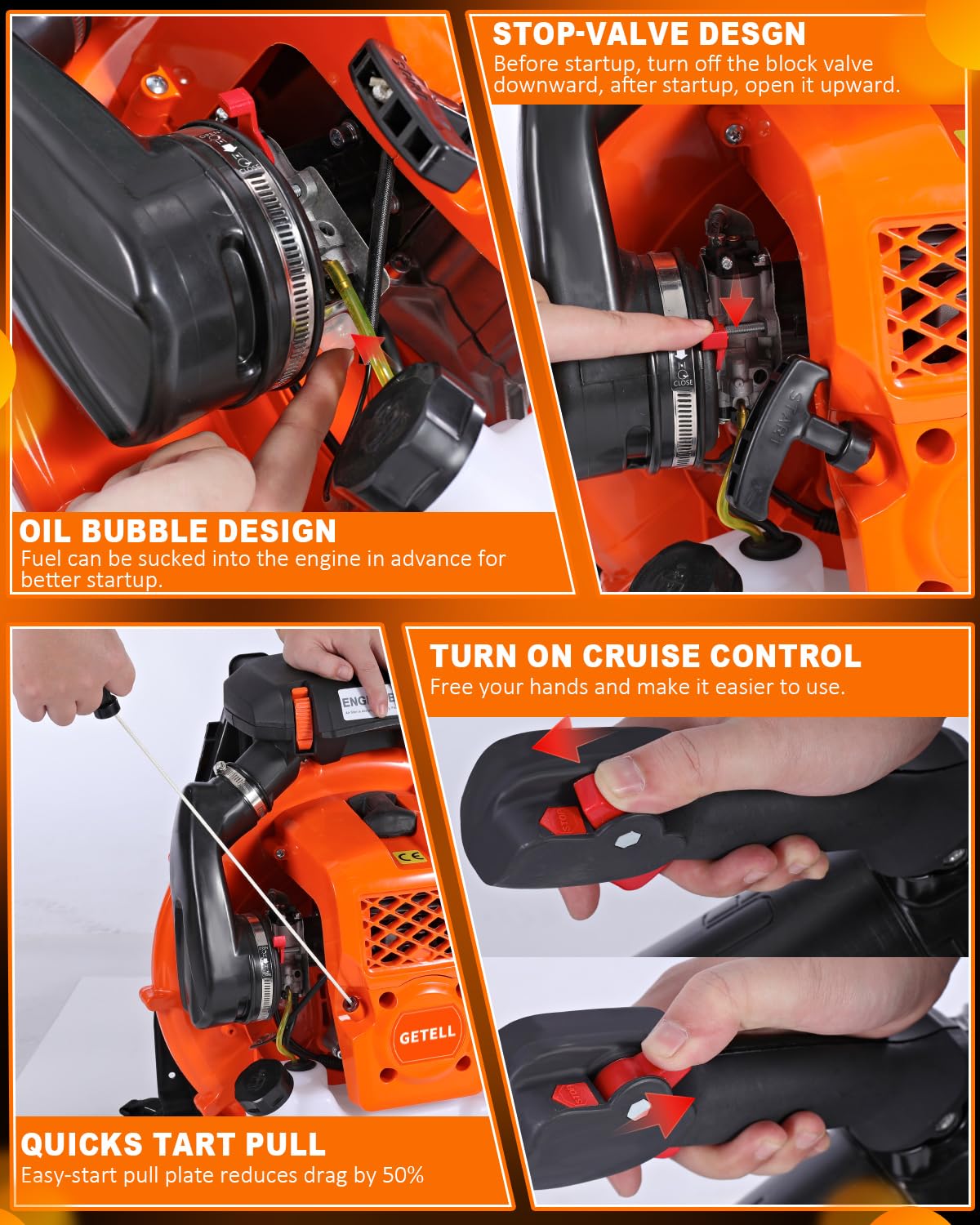 Getell 80cc Gas Backpack Leaf Blower, 900CFM 206MPH 2-Stroke Engine, Heavy-Duty Leaf & Snow Blower for Lawn, Garden & Commercial Use (Orange)