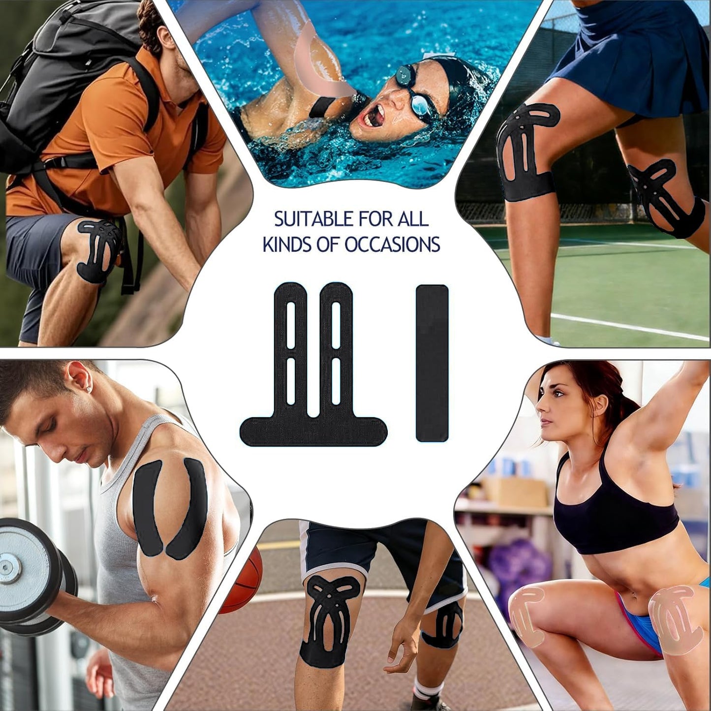 20 PCS Waterproof Kinesiology Tape for Shoulders/Knees,Precut Strips for Knee Pain Relief & Stability Support, Latex-Free Hypoallergenic Sports Athletic Tape Knee Brace (Black and Beige)