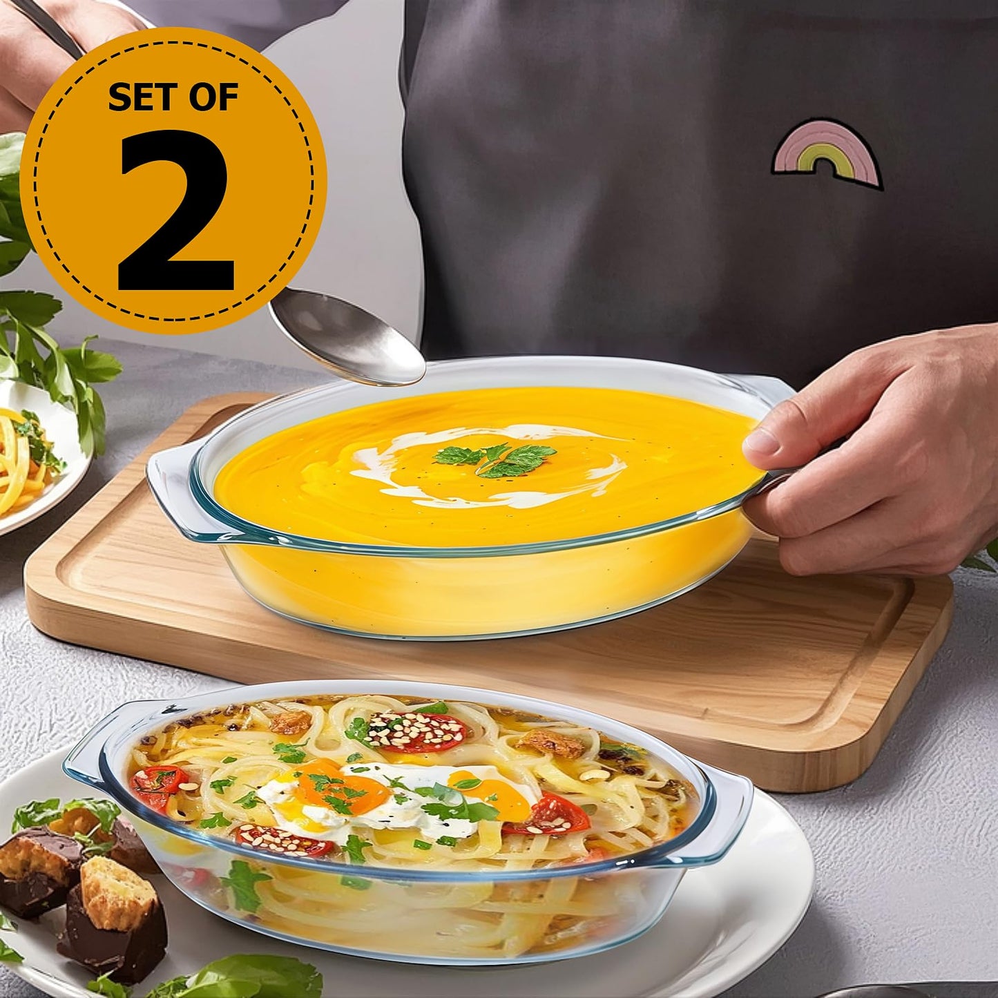 Small Casserole Dishes Oval 2 Pack, 23oz Glass Au Gratin Baking Dish, Individual Oval Baking Pan for Oven Microwave Air Fryer, 1 or 2 Person Servings, Bakeware Clear Prep Bowls with Handle