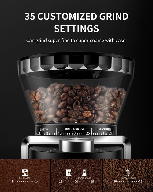 KIDISLE Conical Burr Coffee Grinder, Electric Coffee Bean Grinder for Precise Grinding, 35 Settings, 2–12 Cup Selector, Anti-Static Design for Home Use, Black