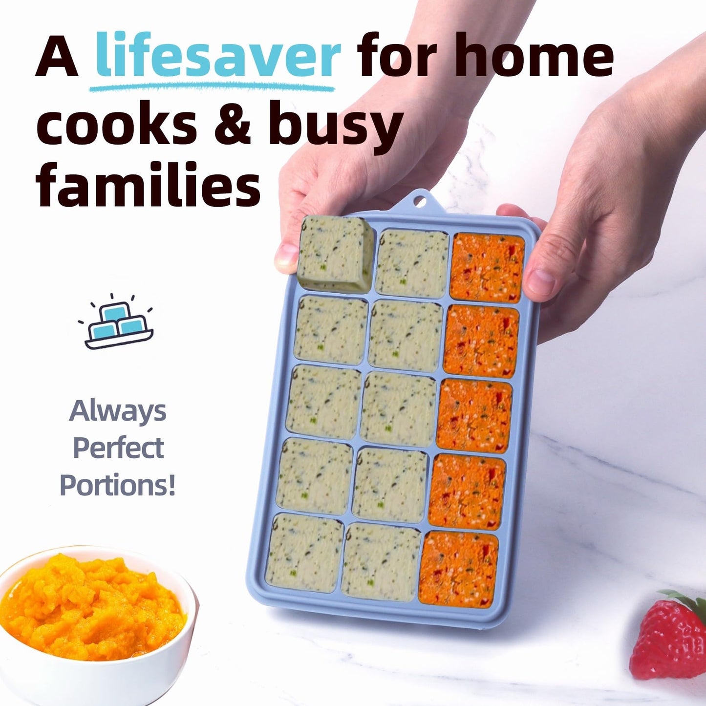 2 Tbsp Silicone Freezer Molds - Perfect for Storing Garlic, Herbs, Ginger, Pesto, Tomato Paste, Lemon Juice, Purees and More - Silicone Food Freezer Tray (Blue 2 Pack)