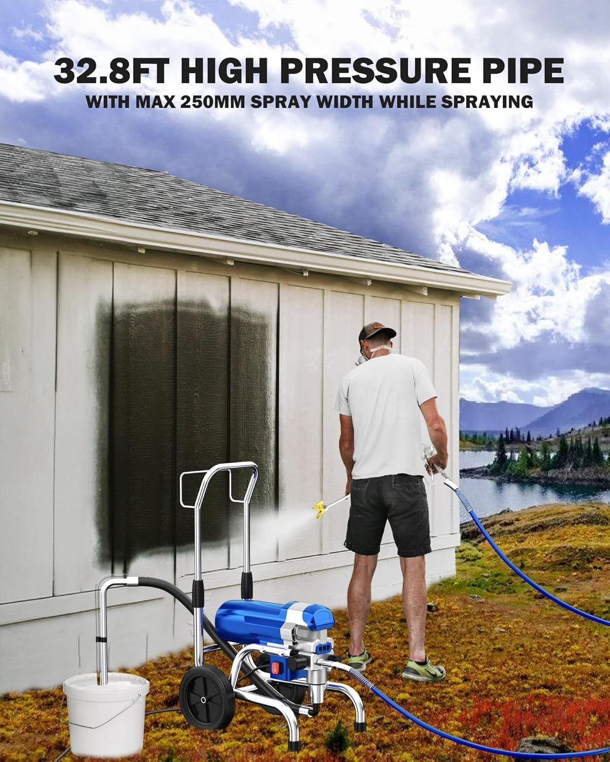 Airless Paint Sprayer, 1800W High Efficiency Electric Paint Sprayer, 3800PSI Cart Thinning-Free Airless Sprayer with Extension Rod and Wheels, for Home, Yard, Garden, Commercial Use