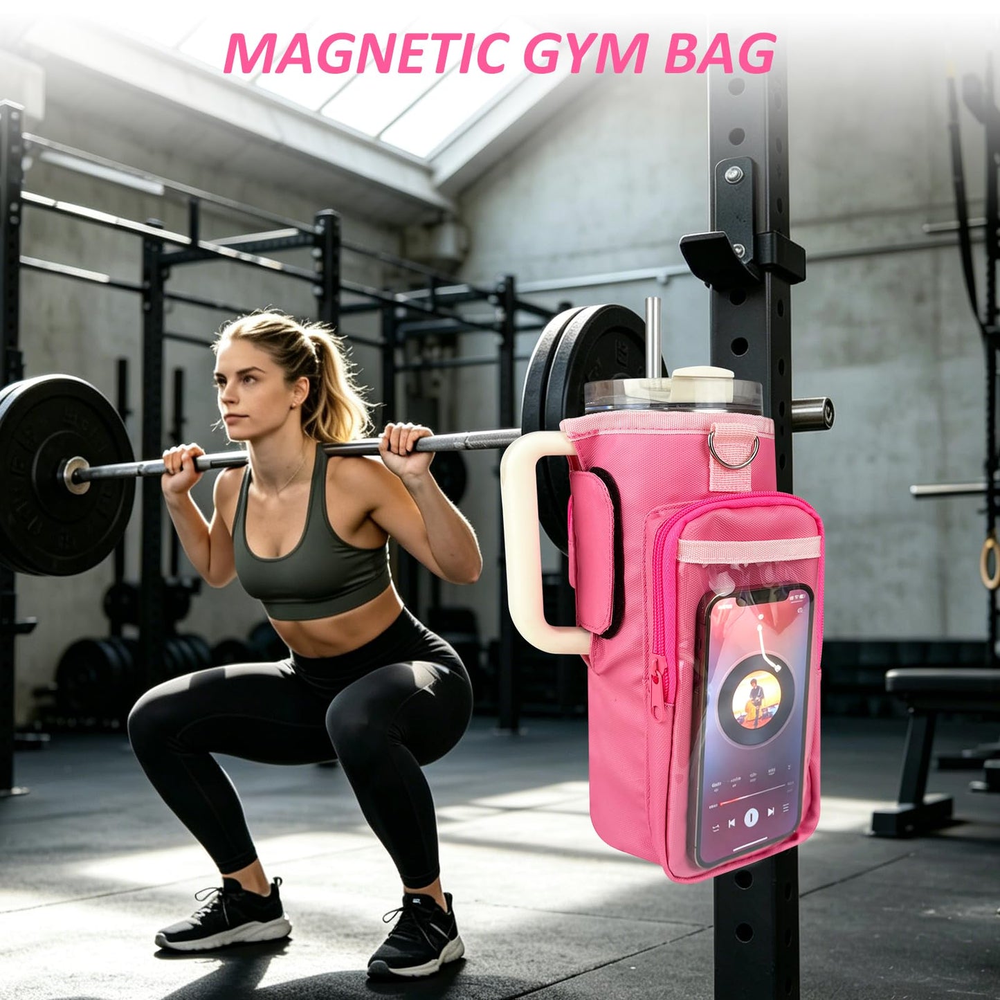 Magnetic Gym Bag, Magnetic Water Bottle Holder for Stanley, Gym accessories, Gym Gifts for Women and Men (PNK, 40 OZ)