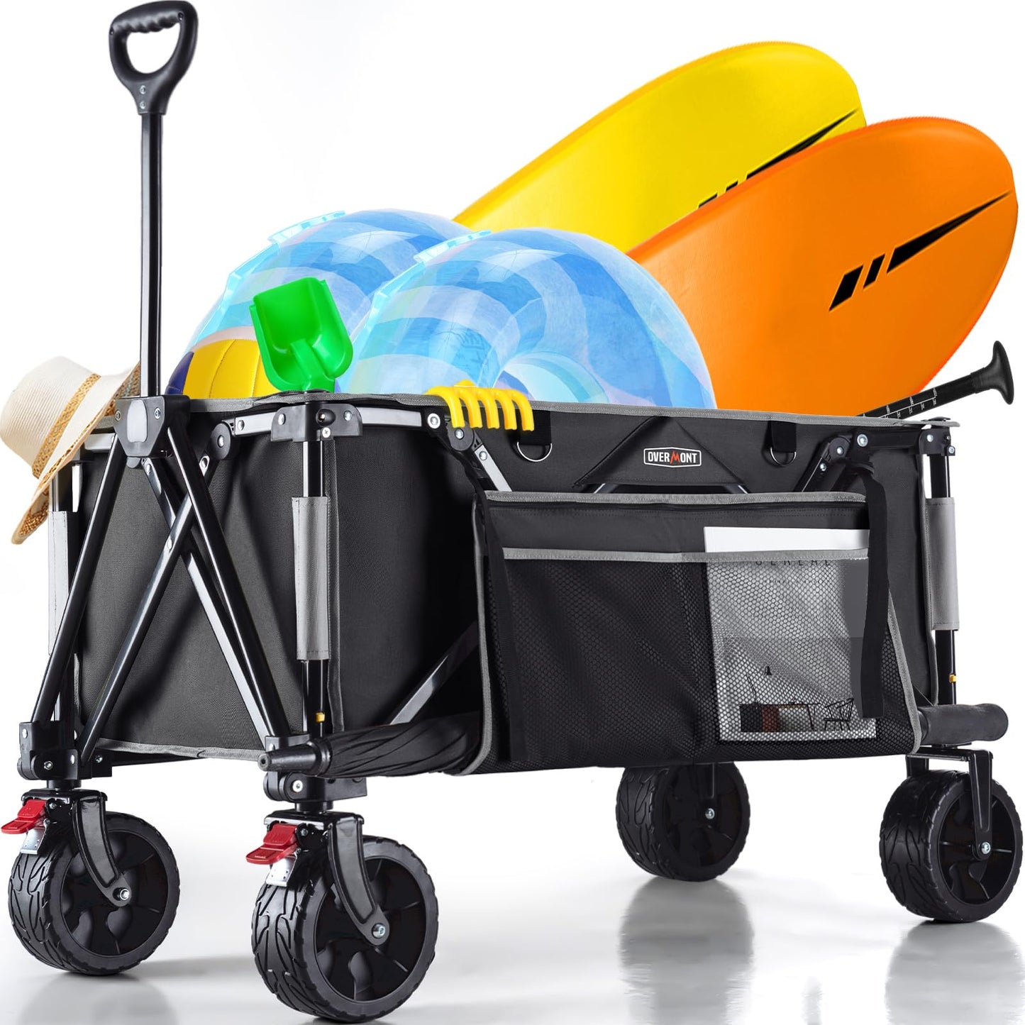 Overmont Collapsible Wagon Cart with Wheels - 180L Foldable Heavy Duty Wagon with Big All-Terrain Wheels - 330Lbs Weight Capacity with Side Pockets for Camping Sports Garden Grocery Shopping Black