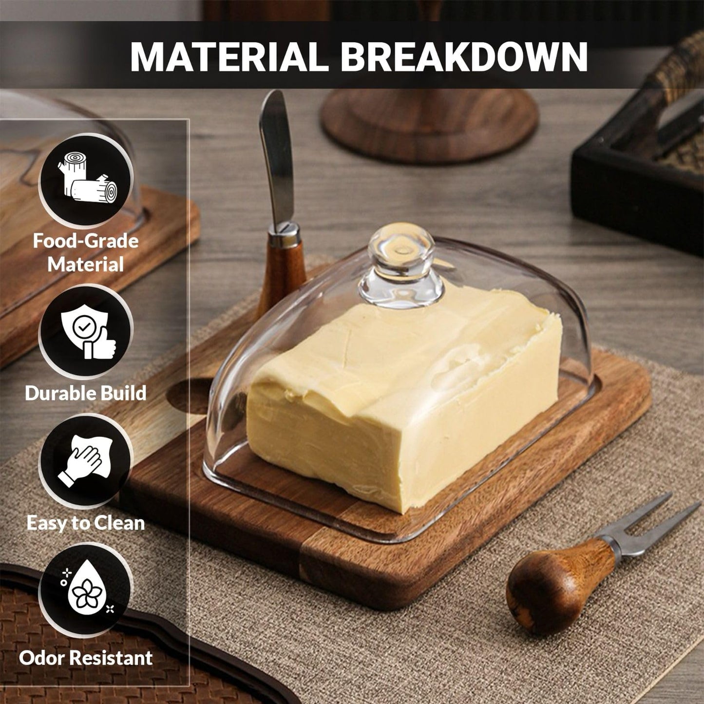 Luxury Butter Dish with Lid and Knife – Modern Glass Butter Dish with Lid for Countertop – Wood Butter Tray & Butter Holder – Large Dish with Lid for 4oz to 8oz Sticks, Cream Cheese, & Fruit