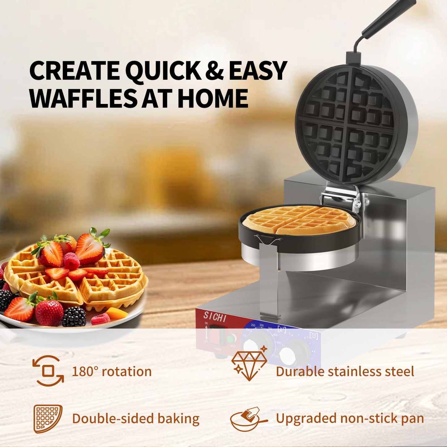 HTTSICHI Commercial Waffle Maker - Belgian Waffle Maker w/Non-stick Baking Pan and 550℉ Heating, 1200W Rotating Waffle Iron for 1.2" Thick, Stainless Steel Round Waffle Machine for Restaurant