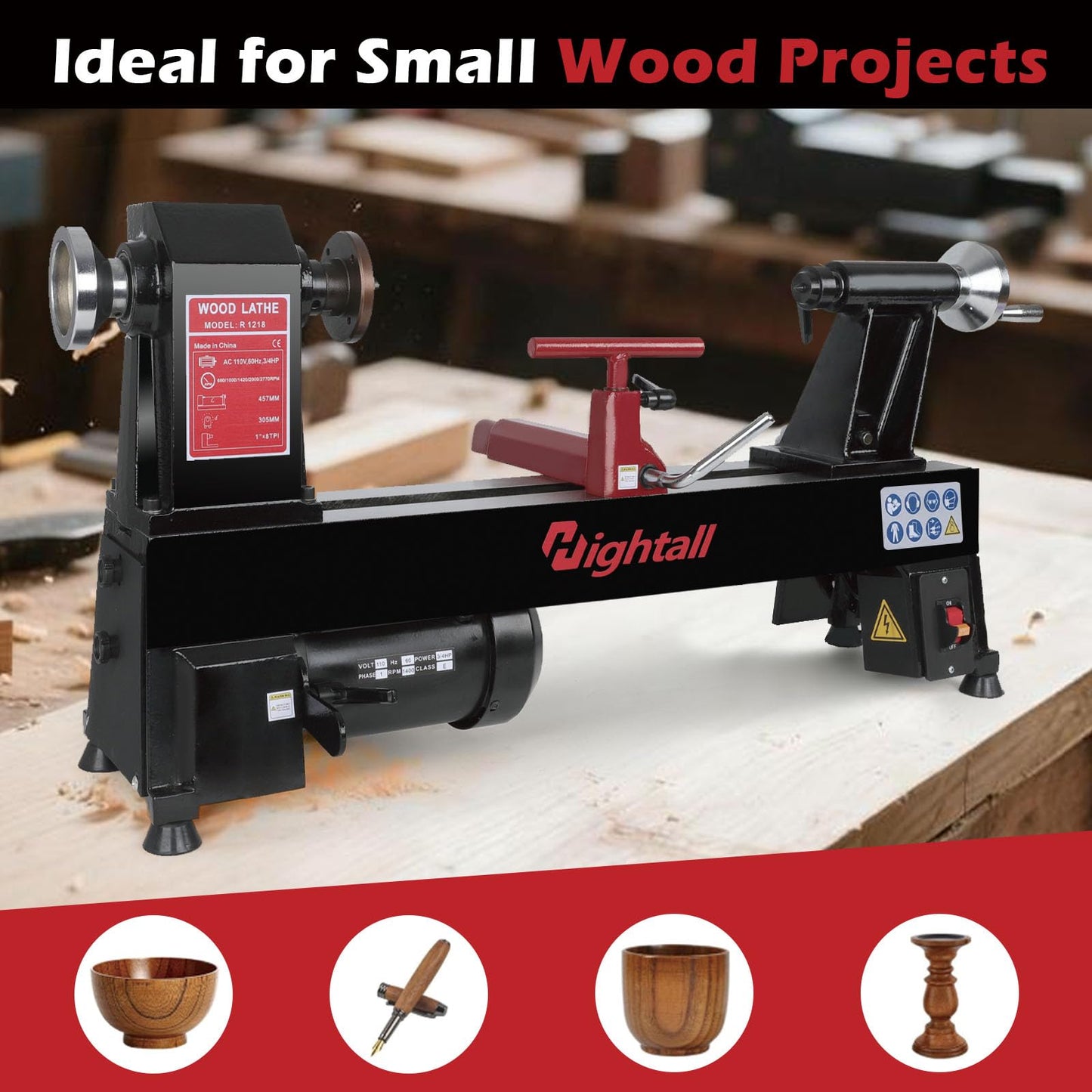 Wood Lathe Machine, 12 x 18 inch, 550W 3/4HP, 5 Speed Settings 680-2770 RPM,Benchtop Lathe with MT2 Drive/Live Center