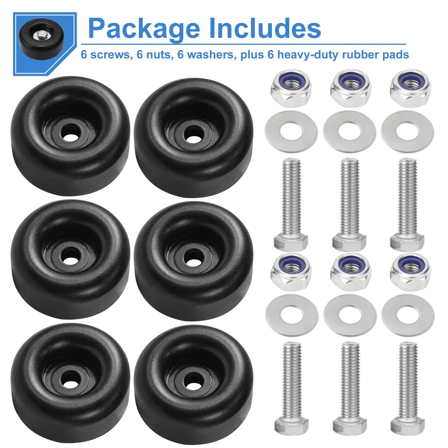 6-Pack Extreme Heavy Duty Rubber Foot Pads, 2.5 Inches Vibration Dampeners, Universal Anti Vibration Feet for Generators, Compressors, Pressure Washers, Pumps, Trailers (Round Bumpers with Screw Kits)
