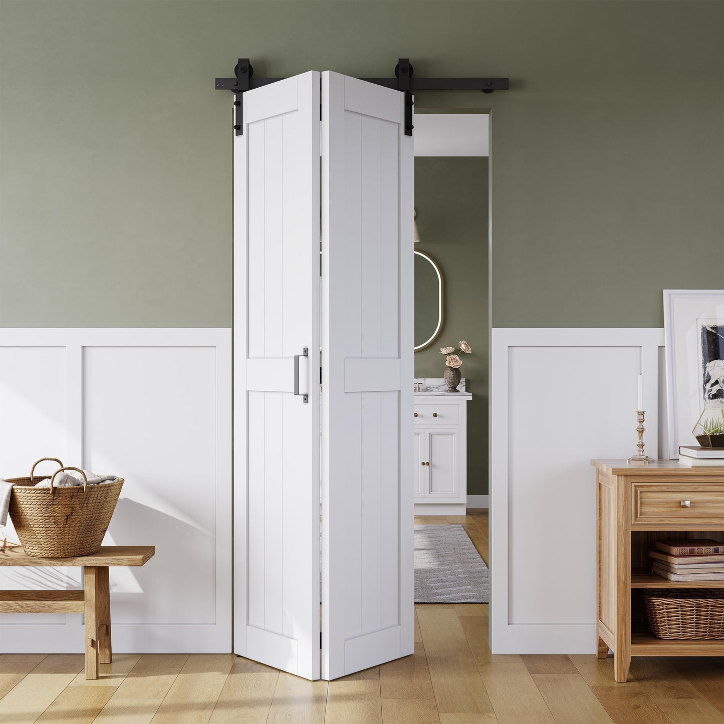 Bifold Barn Door 28" x 84", MDF Bi-Fold Sliding Closet Doors with Hardware Kit Included, Pre-Finished Easy Assembly, Water-Proof PVC Surface & Save Space, H-Frame, 32" Track for 2 Doors,White