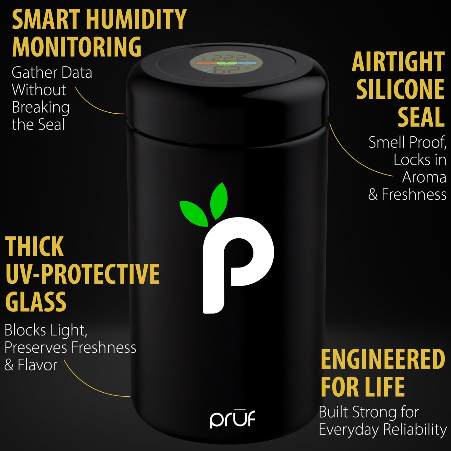Prūf Jar with Built-In Humidity & Temperature Monitor (Hygrometer) – Airtight 500ml UV-Proof Glass Storage Jar with Silicone Seal – Humidity Control – Includes 2 Boveda 62% (8g) Packs – by Hygenix