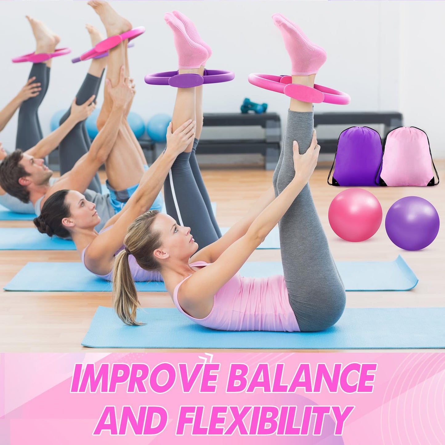 Poen Home Pilates Essentials Kit for Women 30 Pcs Pilates Ring and Ball Equipment Set with Yoga Ball Stretching Strap 8 Shape Resistance Bands Non Slip Sock Wristbands Gym Bags Exercise