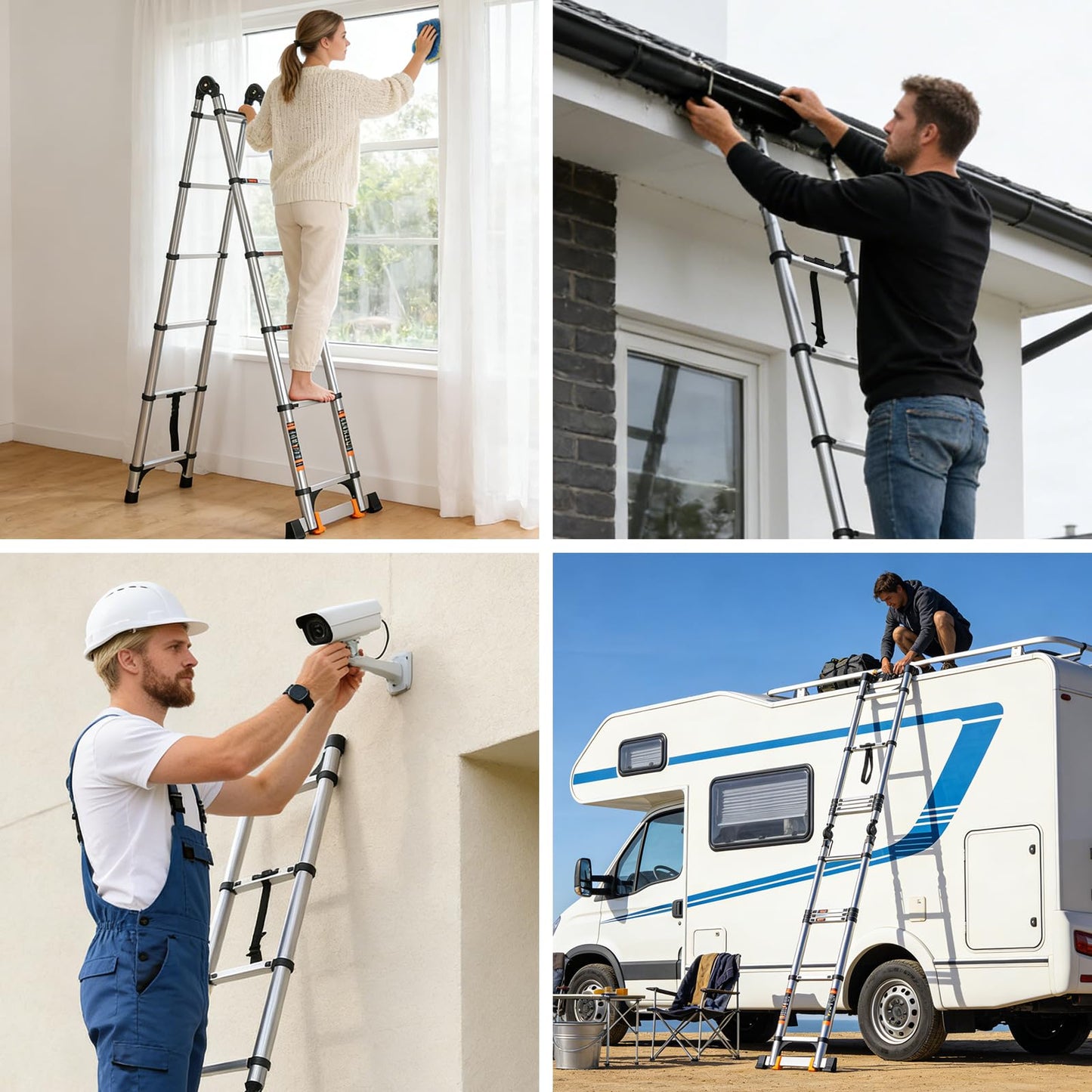Telescoping Ladder 16.5 FT A Frame, Extension Multi-Purpose with Balance Bar Heavy Duty 330 lbs Max Capacity for Home and Outdoor Work, Silver