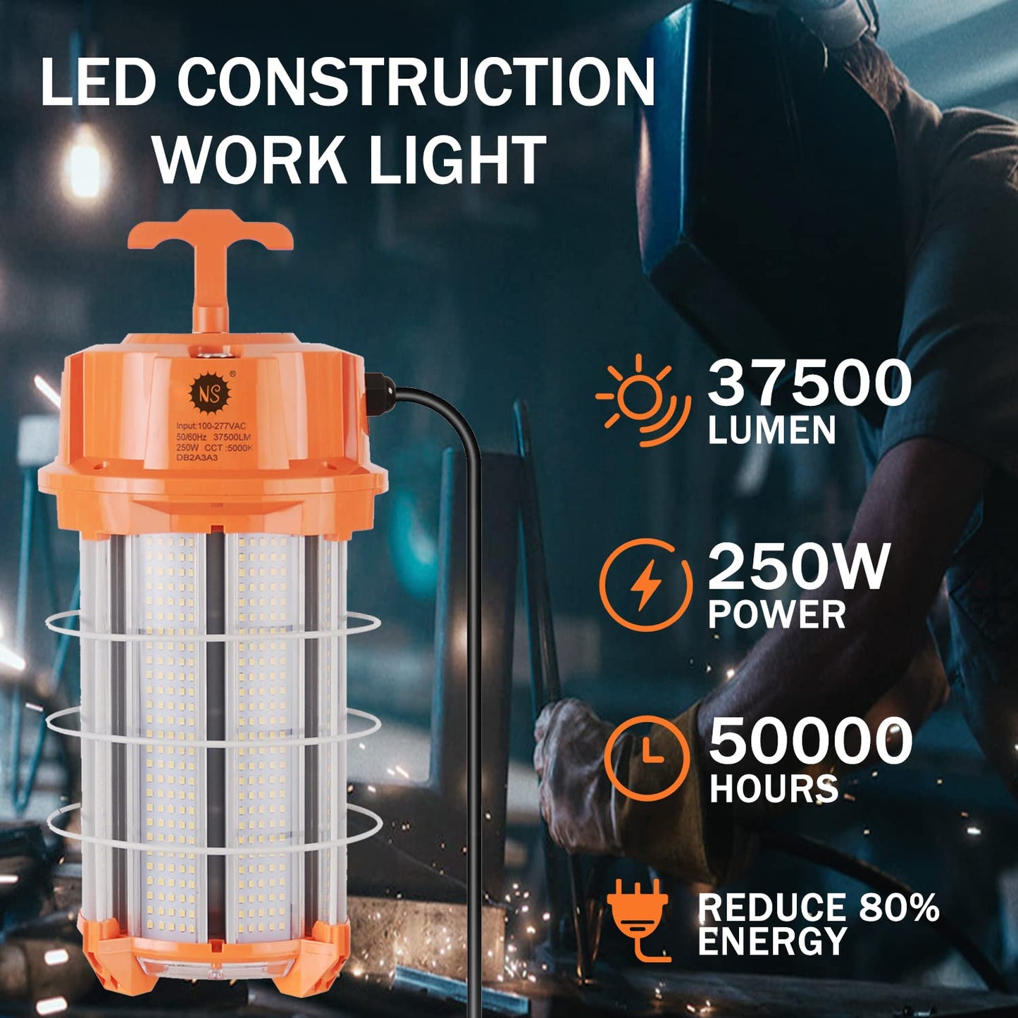 250W LED Temporary Work Light 37,500 Lumens Construction Lights 5000K Portable Linkable IP65 High Lumen Super Bright Durable Job Site Lighting with ON/Off Button for Indoor and Outdoor Area Lighting