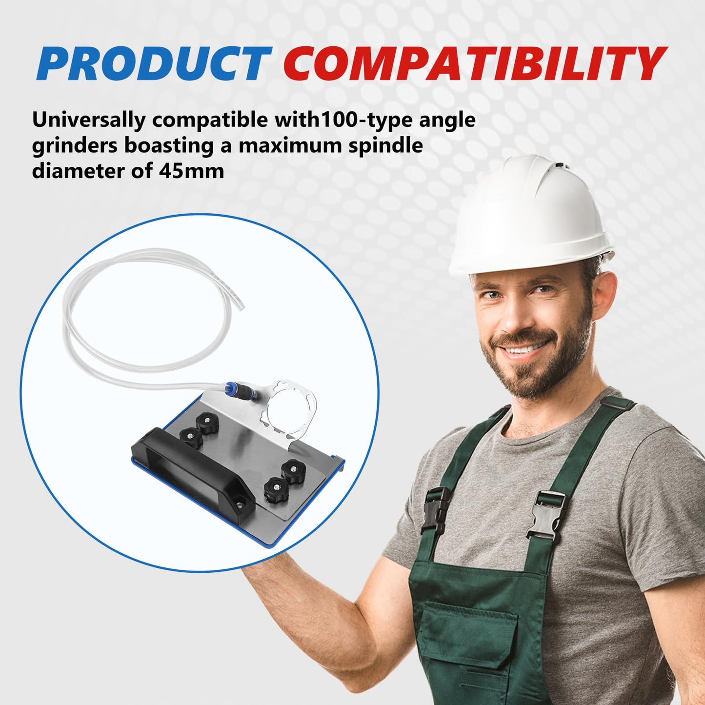45 Degree Tile Chamfering Tool for 100-Type Angle Grinders, Universal Stand with 5 Diamond Saw Blades, Gloves, 39 Inch Hose, Screwdriver, Adapter Washers