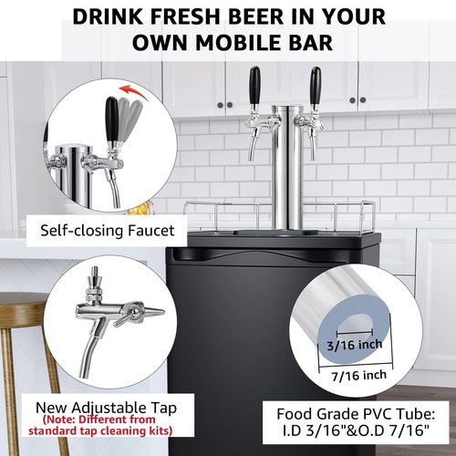 New Adjustable Dual Tap Kegerator Tower Beer Tap Tower with 1/4" Barb, 3" Draft Beer Dispenser Keg Tower, 304 Stainless Steel Core Self-Closing Beer Faucet with Pre-Assembled Kegerator Parts Kits