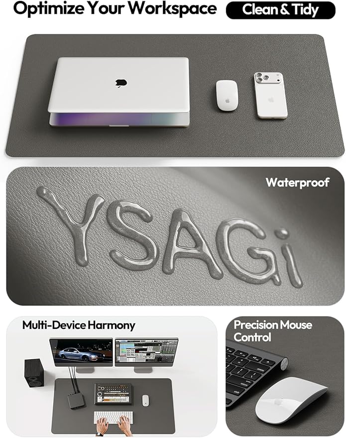YSAGi Leather Desk Protector, Office Mat, Large Mouse Mat, Non-Slip PU Leather Blotter, Laptop Desk Pad, Waterproof Writing Pad for Office and Home (Dark Grey, 35.4" x 17")