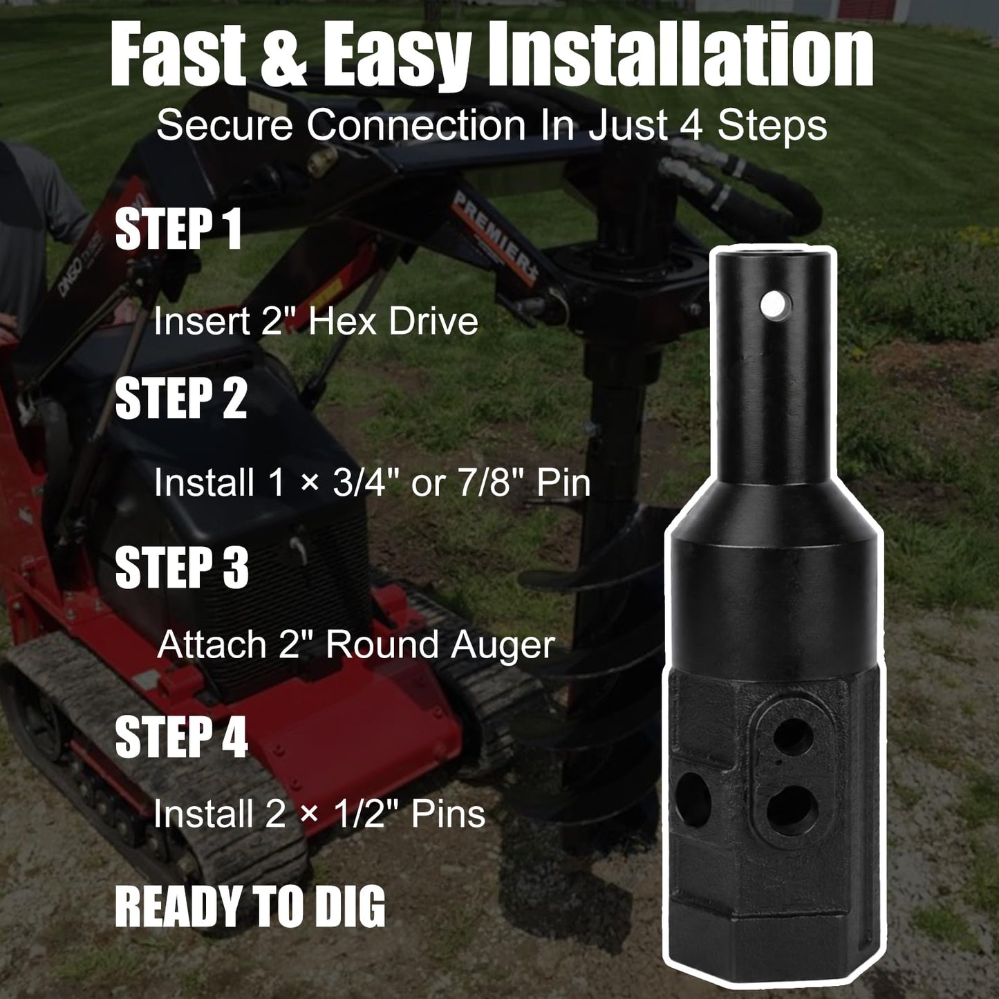 Heavy Duty 2" Hex Female to 2" Round Male Auger Adapter - Cast Steel Fully Welded for Earth Auger, Post Hole Digger - Fits 2" Male Hex Power Head & 2" Female Round Auger
