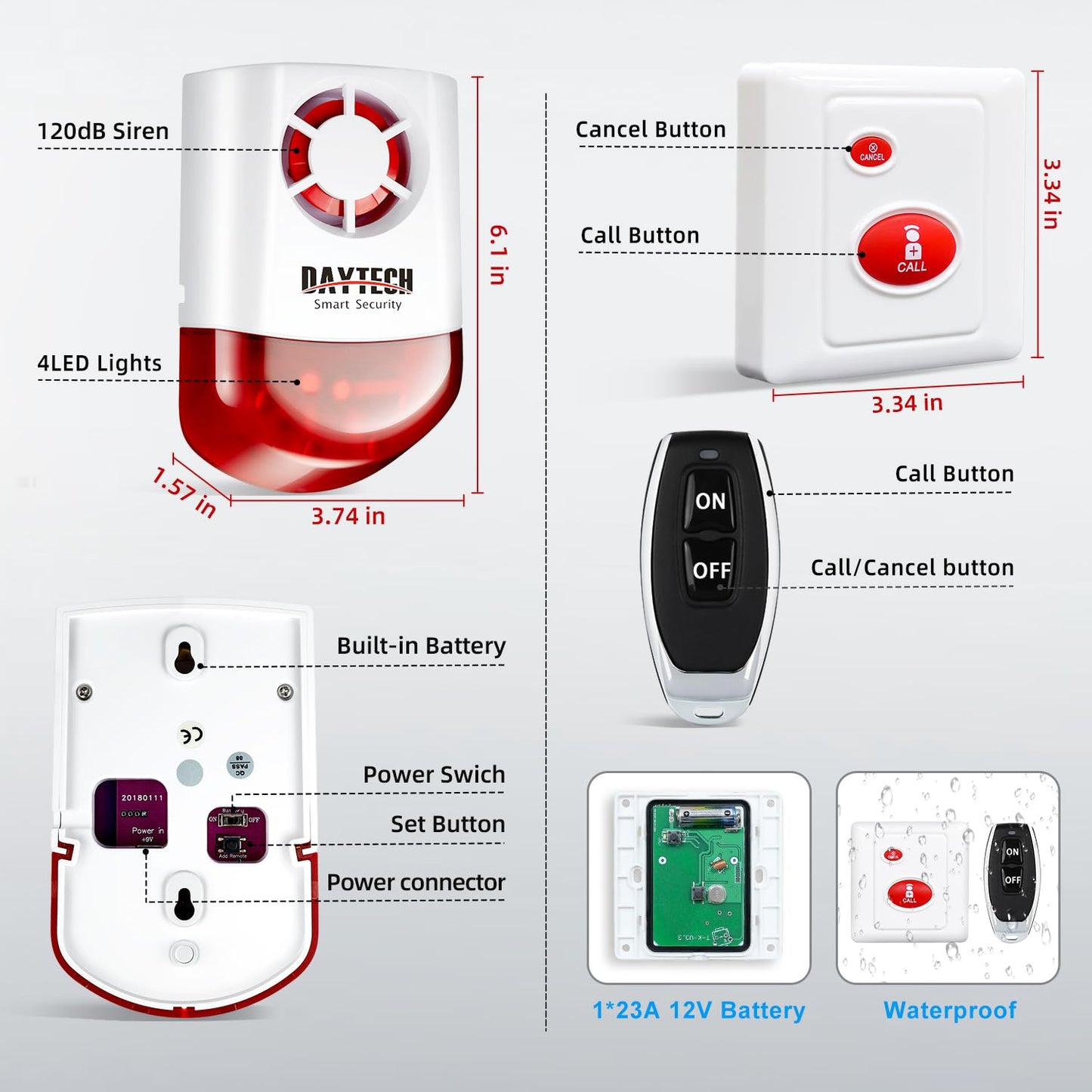 Daytech Strobe Siren Alarm Home Caring Loud Outdoor SOS Alert System 2 Red Flashing Siren 2 Remotes Panic Button 4 Emergency Button for Store Home Hotel Jewelry Shop Security Alarm