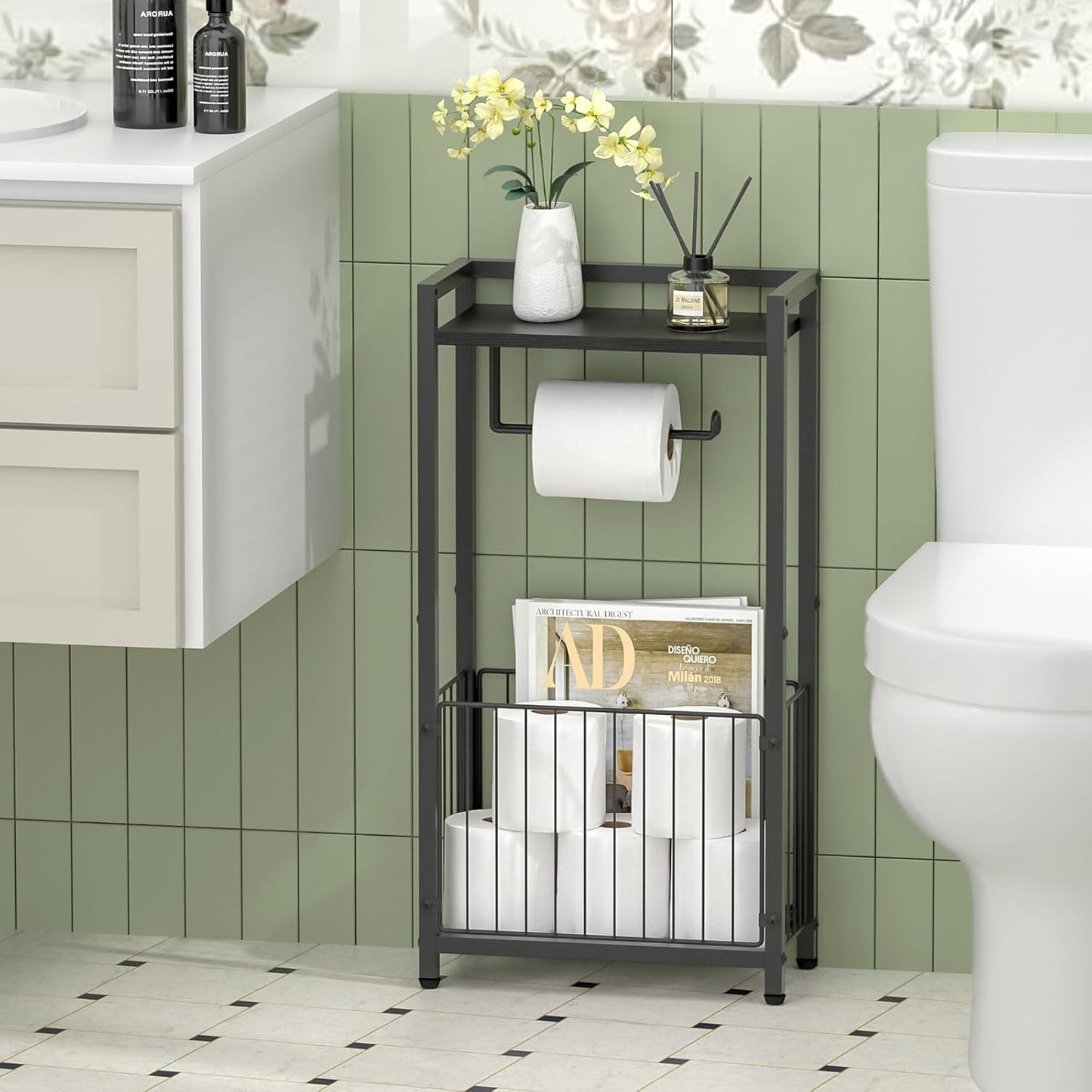 Skiennix Freestanding Toilet Paper Holder - Stylish Bathroom Tissue Stand with Storage Shelf for Phone & Magazines