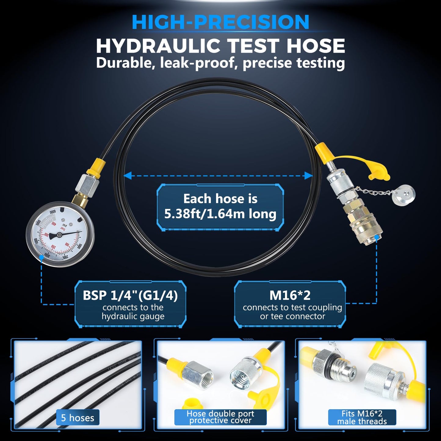 Hydraulic Pressure Test Kit with 5 Gauges up to 10000 PSI 10–600 Bar, 13 Couplings 14 Tee Connectors and 5 Hoses, Hydraulic Tester for Excavators Loaders and Construction Equipment