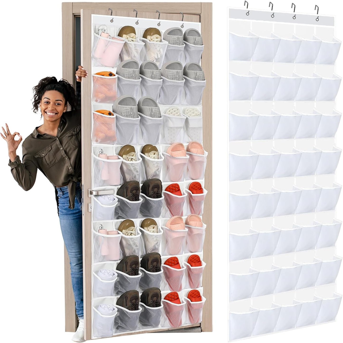 Windyun Over The Door Shoe Organizer - Large Breathable Mesh Pocket Rack | Clear White Hanging Storage for Closet