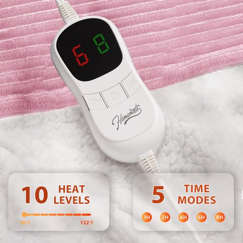 Homemate Heated Blanket Electric Throw - 50"x60" Heating Blanket Throw 1/2/4/6/8 Hours Auto-Off 10 Heat Levels Over-Heat Protection Soft Flannel Sherpa ETL Certification