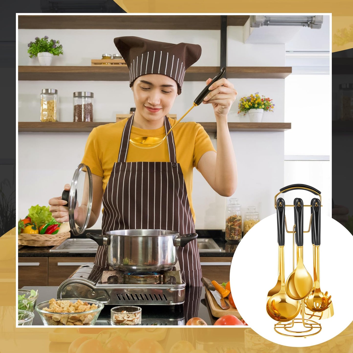 Blushtier 7 Pcs Black and Gold Cooking Utensils Set, Stainless Steel Kitchenware Gift with Hanging Shelf, Slotted Spoon, Slotted Spatula, Large, Soup Ladle, Spatula, Pasta Spoon, Easy to Clean