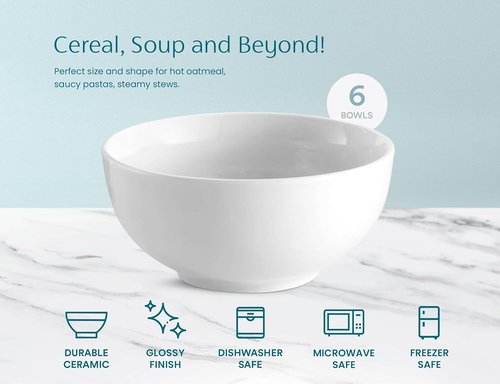 KooK Ceramic Cereal Bowls - Microwave & Dishwasher Safe Porcelain Dishes | Set of 6, 24 oz, Marshmallow White