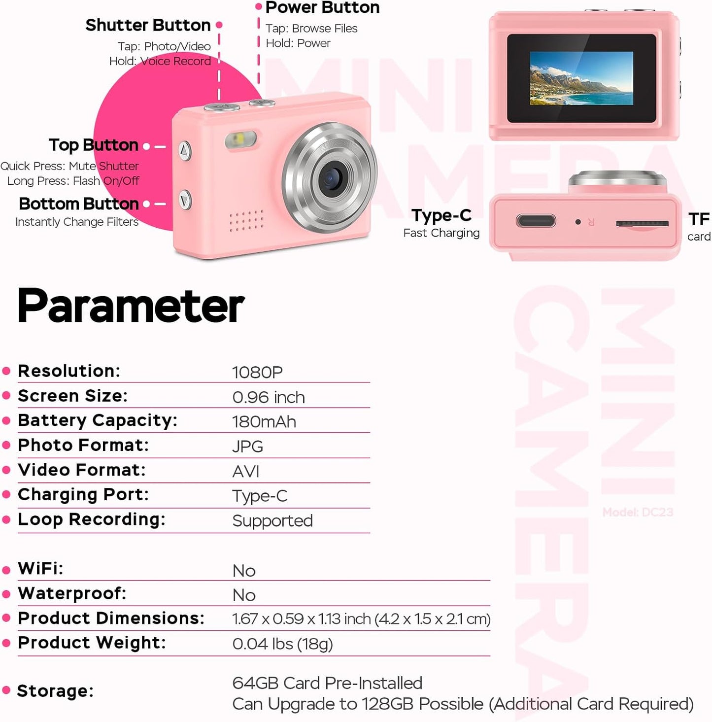 Dienspeak 1080P 64GB 0.96" Mini Camera HD Video Recorder Keychain Digital Camcorder with Card, HD Display, Long Battery