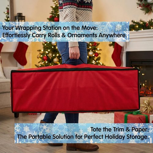Mobi Lock Wrapping Paper Storage Box - Durable Red Organizer with Zipper & Pockets | Holds 24-30 Rolls