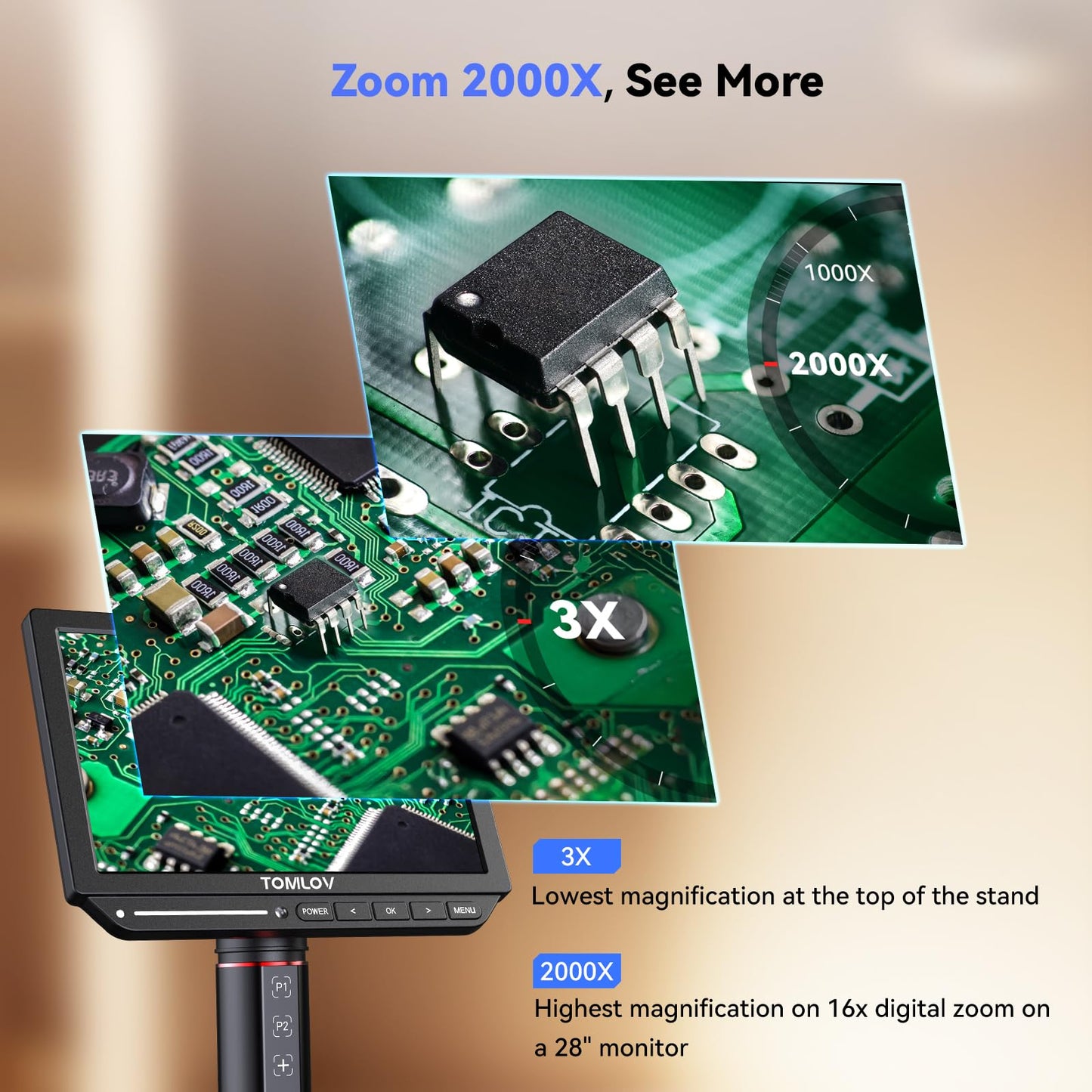 TOMLOV Autofocus 4K Digital Microscope: 8" TM4K-AF Flex Arm HDMI Micro Soldering Microscopes for Adults, Side Lights Coin Microscope, 52MP LCD Microscopes with Screen, Electronics Repair Mat,16GB