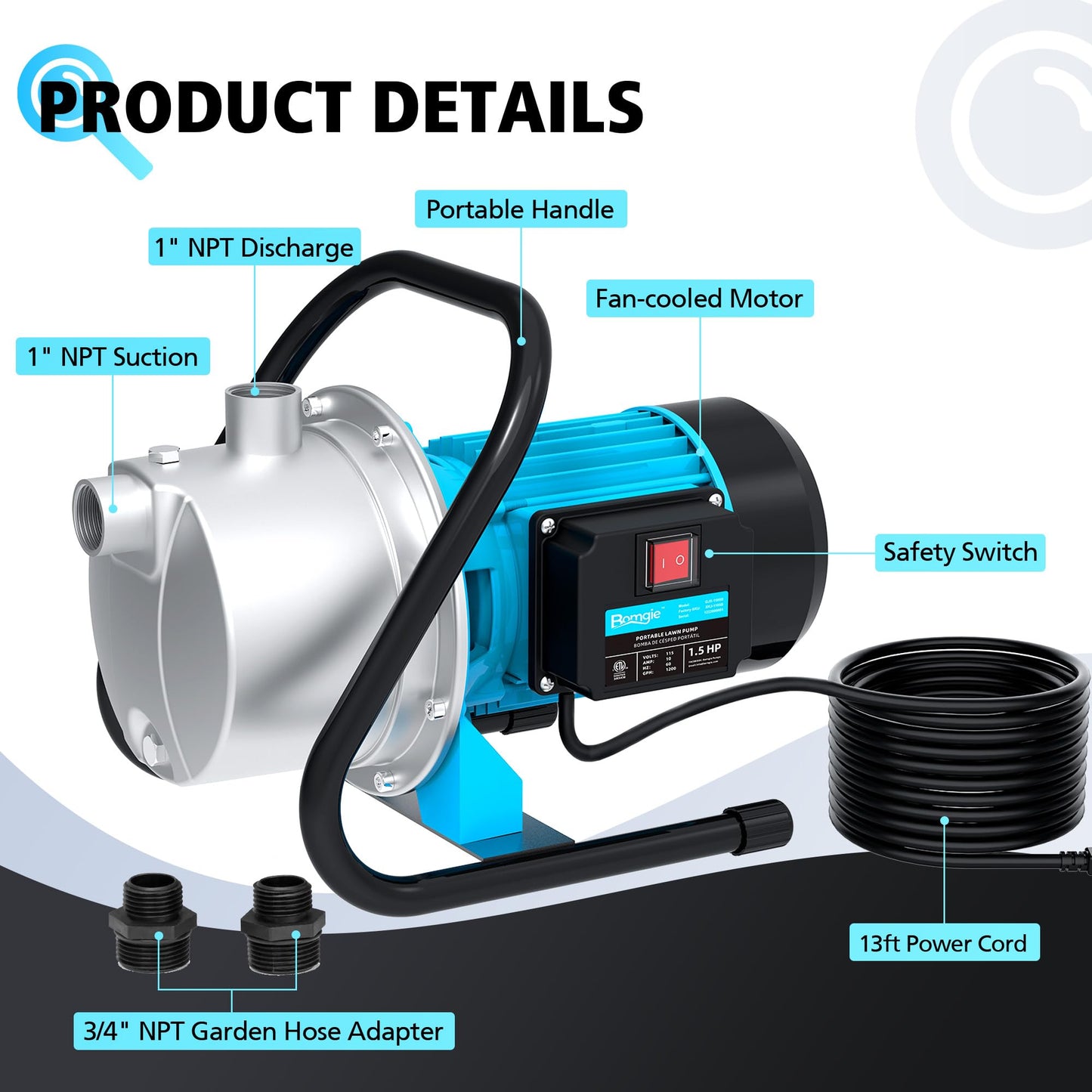 BOMGIE 1.5HP Water Transfer Pump,1200GPH Shallow Jet Well Pump,Extended 13FT Power Cord Portable Sprinkler Booster Pump,Irrigation Lawn Fountain Pool Draining Self Priming Transfer Pumps