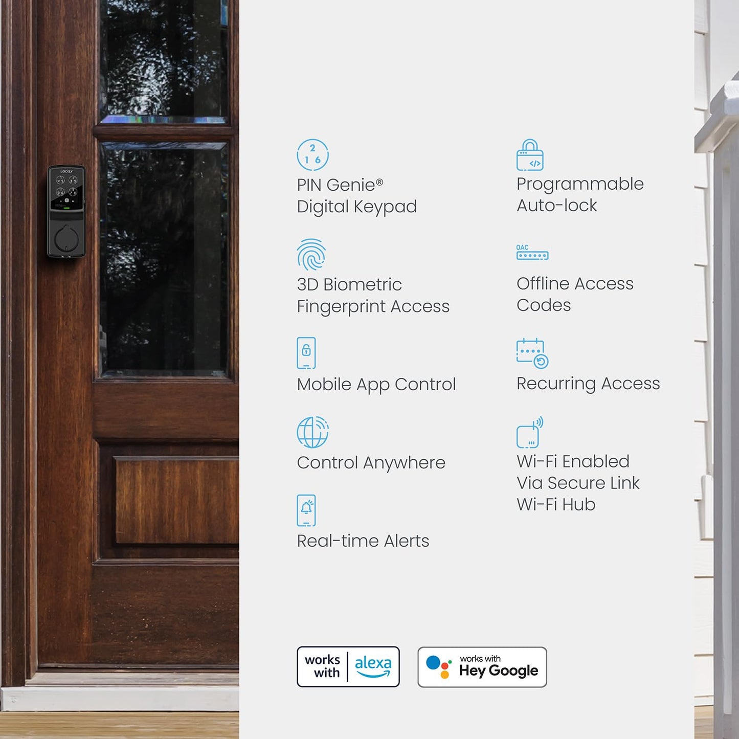 Lockly Secure Pro Smart Deadbolt Lock — Fingerprint Keyless Entry, PIN Genie® Patented Keypad, up to 99 Fingerprints, up to 33 Access Codes, Wi-Fi Hub Included, ANSI Grade 1, Alexa & Google Compatible
